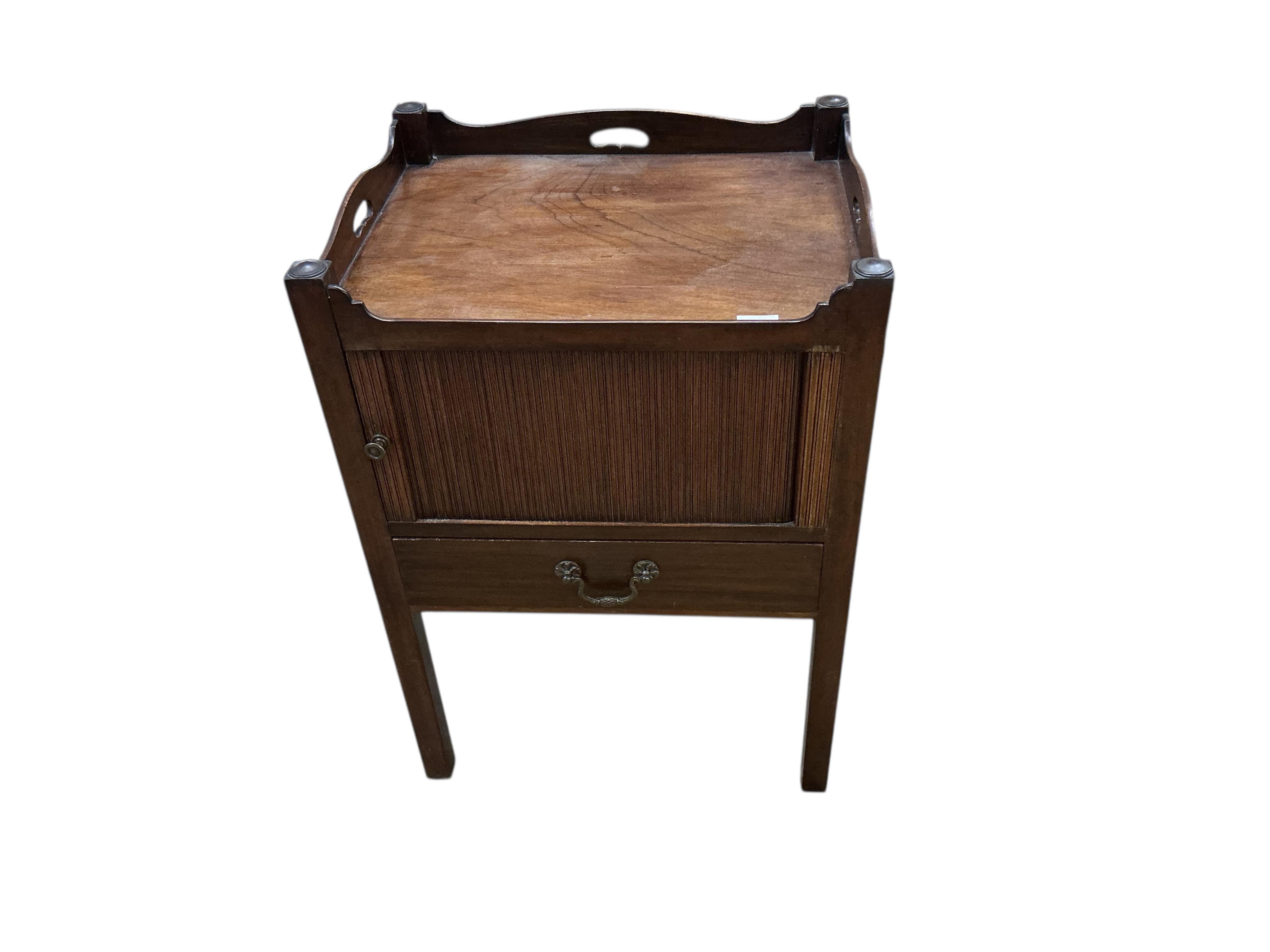 A George III style mahogany tray top tambour bedside cabinet, width 56cm, depth 45cm, height 79cm